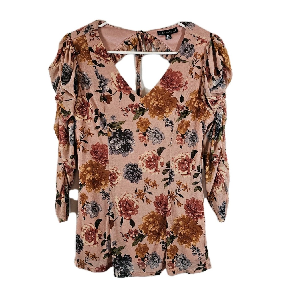 Sara Michelle Blouse Women's Medium Pink Floral 3/4 Sleeve Tie Back Fairy Y2K